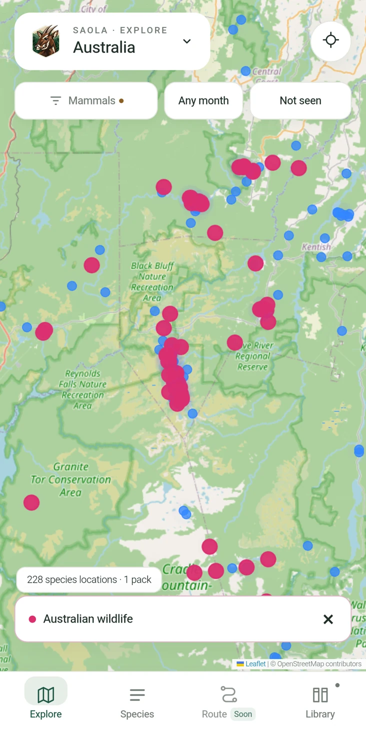 SAOLA Android map showing an Australian wildlife target group highlighted among the other wildlife records
